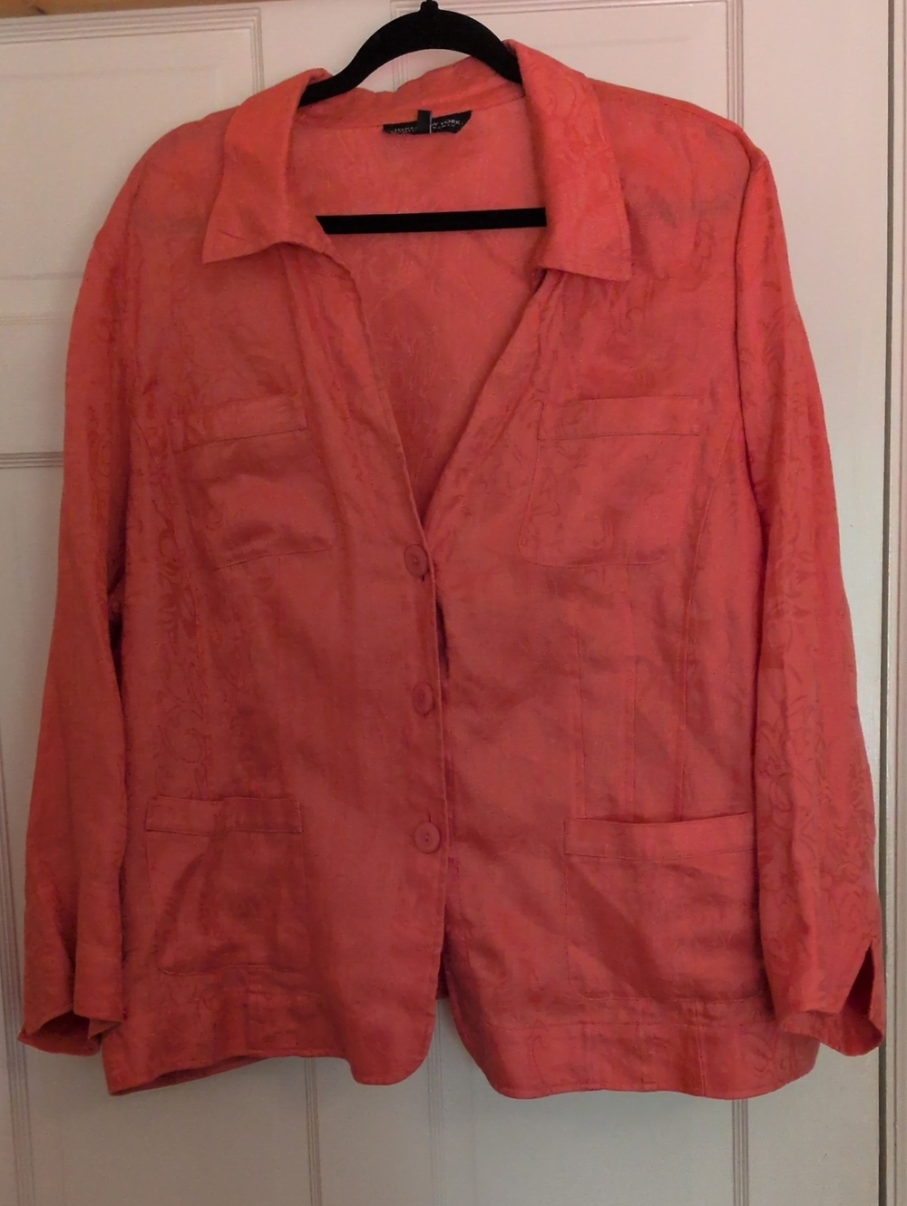 Jones New York Coral-Orange Textured Button Blazer